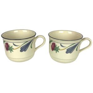 Lenox Chinastone Poppies on Blue Coffee Cups Set Of 2 Ceramic Tea Mugs Vtg 90s